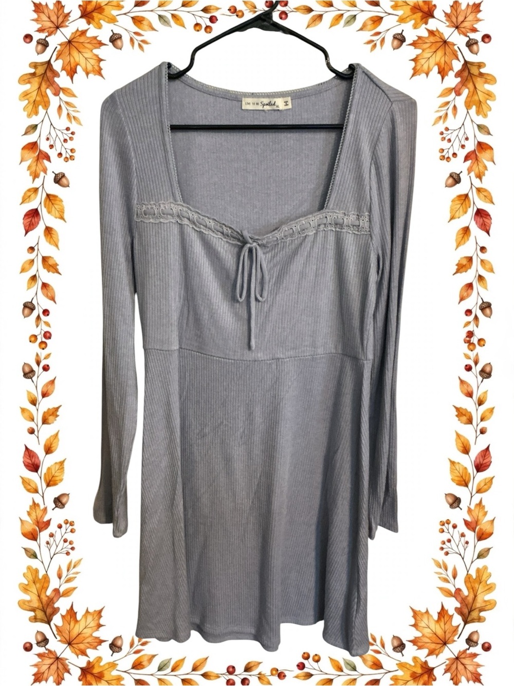 Live To Be Spoiled Light Blue Ribbed Tie-Front Dress with Lace Trim